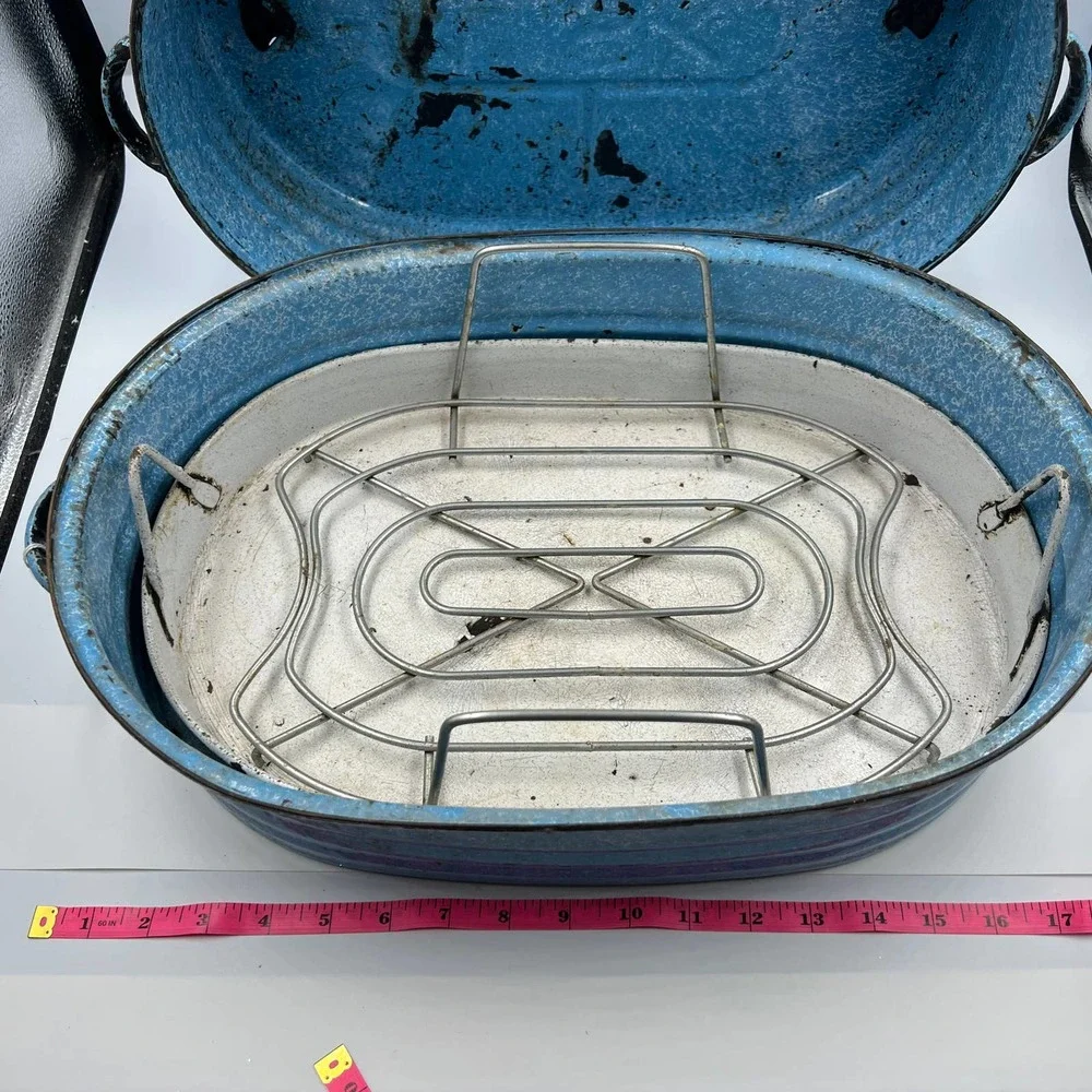 Antique Turquoise Cornflower Blue Large Roaster Rack Enamelware On Steel 4 Piece